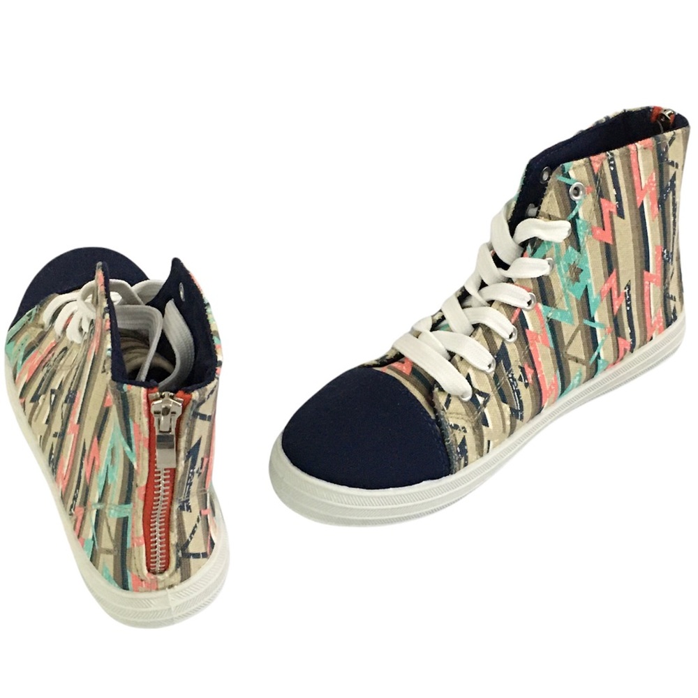 QUPID Taupe Blue Multicolored Aztec Striped Sporty High Top Sneakers
